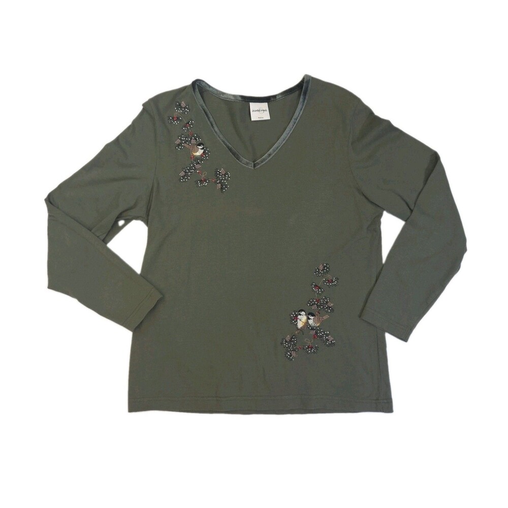 Decorated Originals Women Green Chickadee Birds Winter Sweater Medium Pinecones